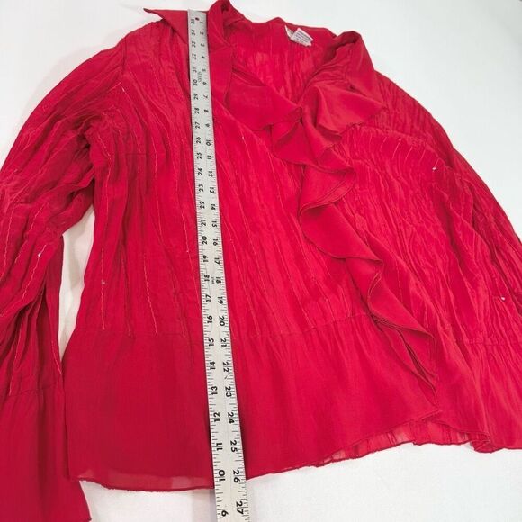 Notations Blouse Womens 2X Red Polyester Long Bell Sleeve V-Neck Ruffled Sequins - Picture 3 of 10